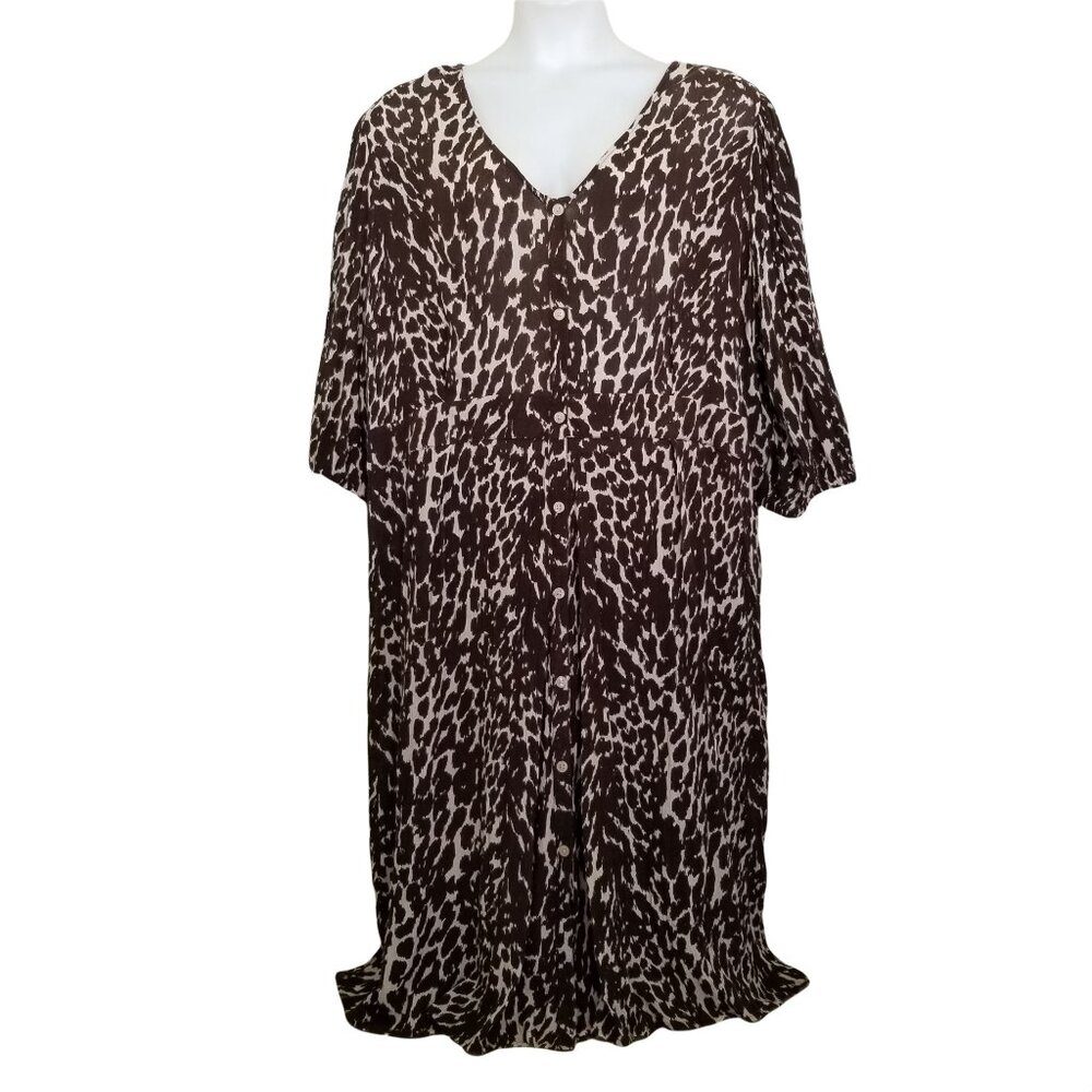 Roamans 30W Leopard‎ Animal Print Dress Modest Button Front V Neck